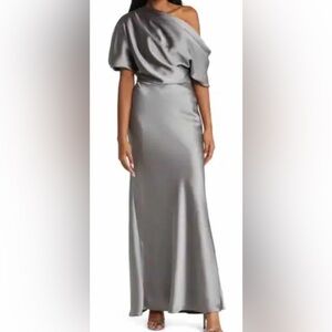 Amsale Silver One-Shoulder Satin Maxi Dress